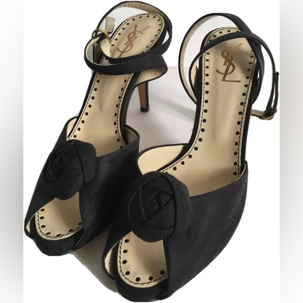 YSL black evening ankle strap rose knot sandals